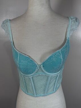 Victoria’s Secret Sz S Dream Angels Blue Lace Padded Push Up Bustier Corset Bra